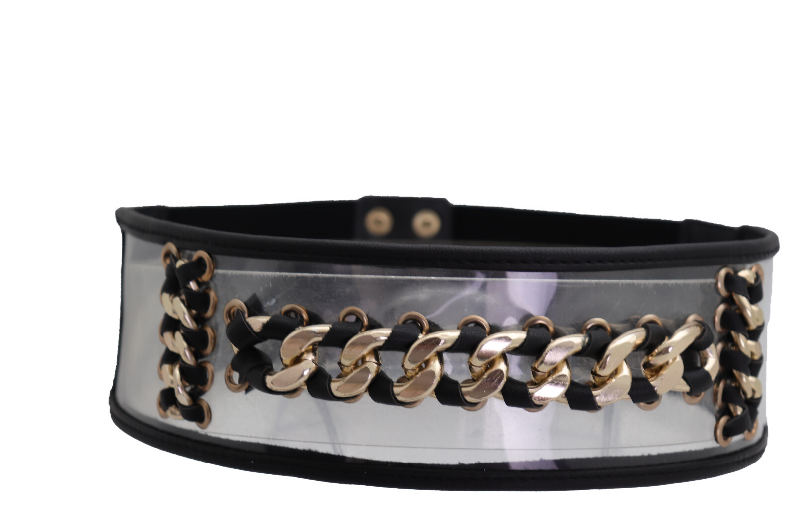 Women Black Elastic Wide Waistband Miami Beach Sexy Belt Gold Metal Chain XS S