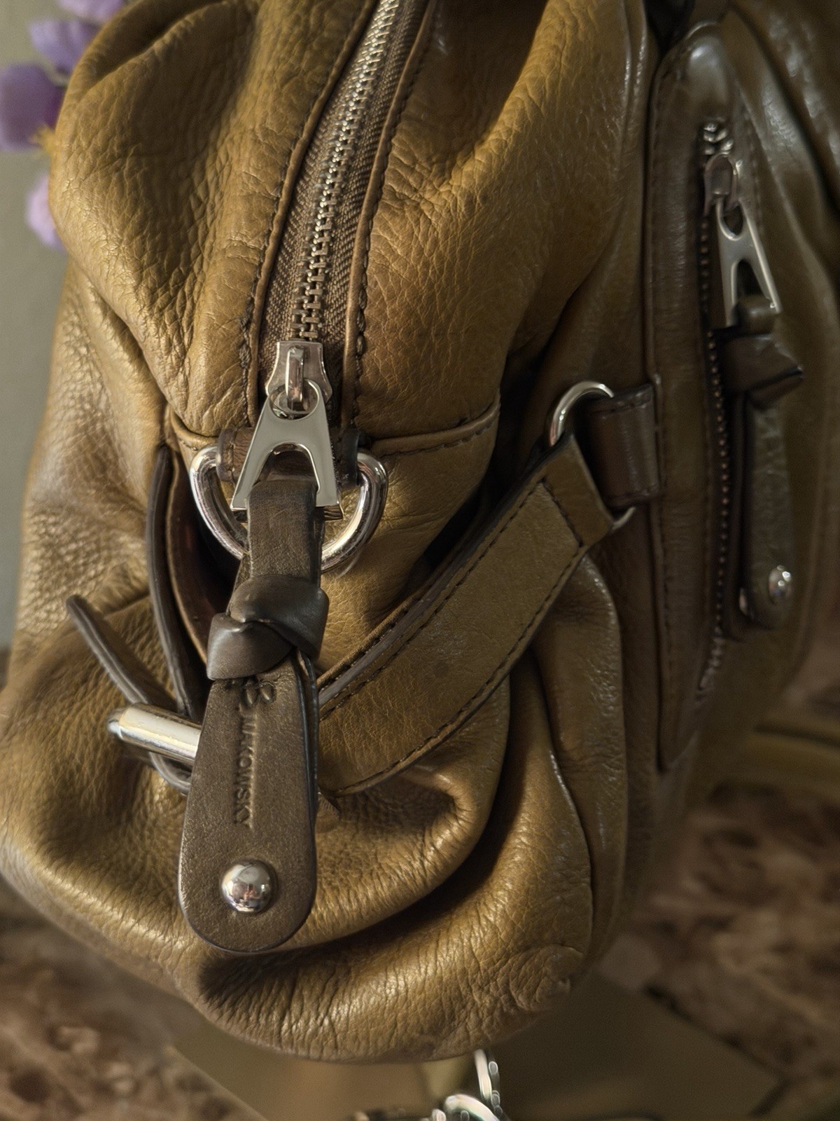 B. Makowsky Olive Green Pebbled Satchel Top Handle Zip Silver Detach Strap