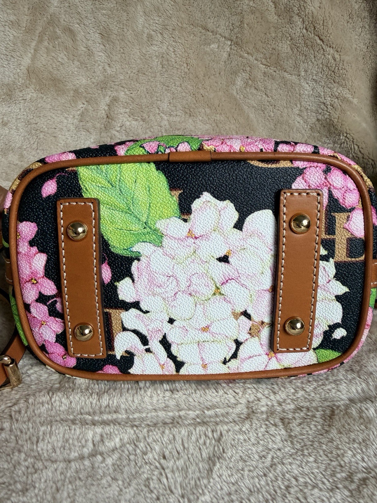 Dooney & Bourke Floral Drawstring Bucket Crossbody Bag Small Gold Hardware