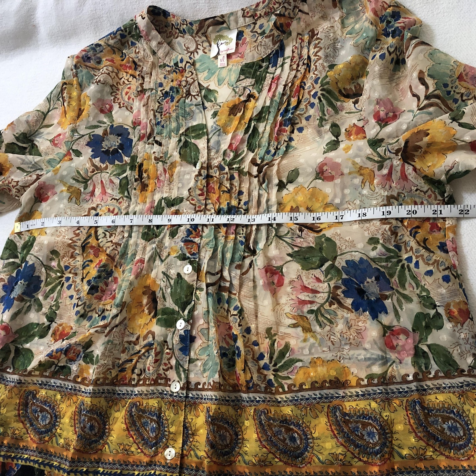 Fig And Flower Top Womens XL Multicolor Floral Tunic Sheer Boho Peasant Blouse