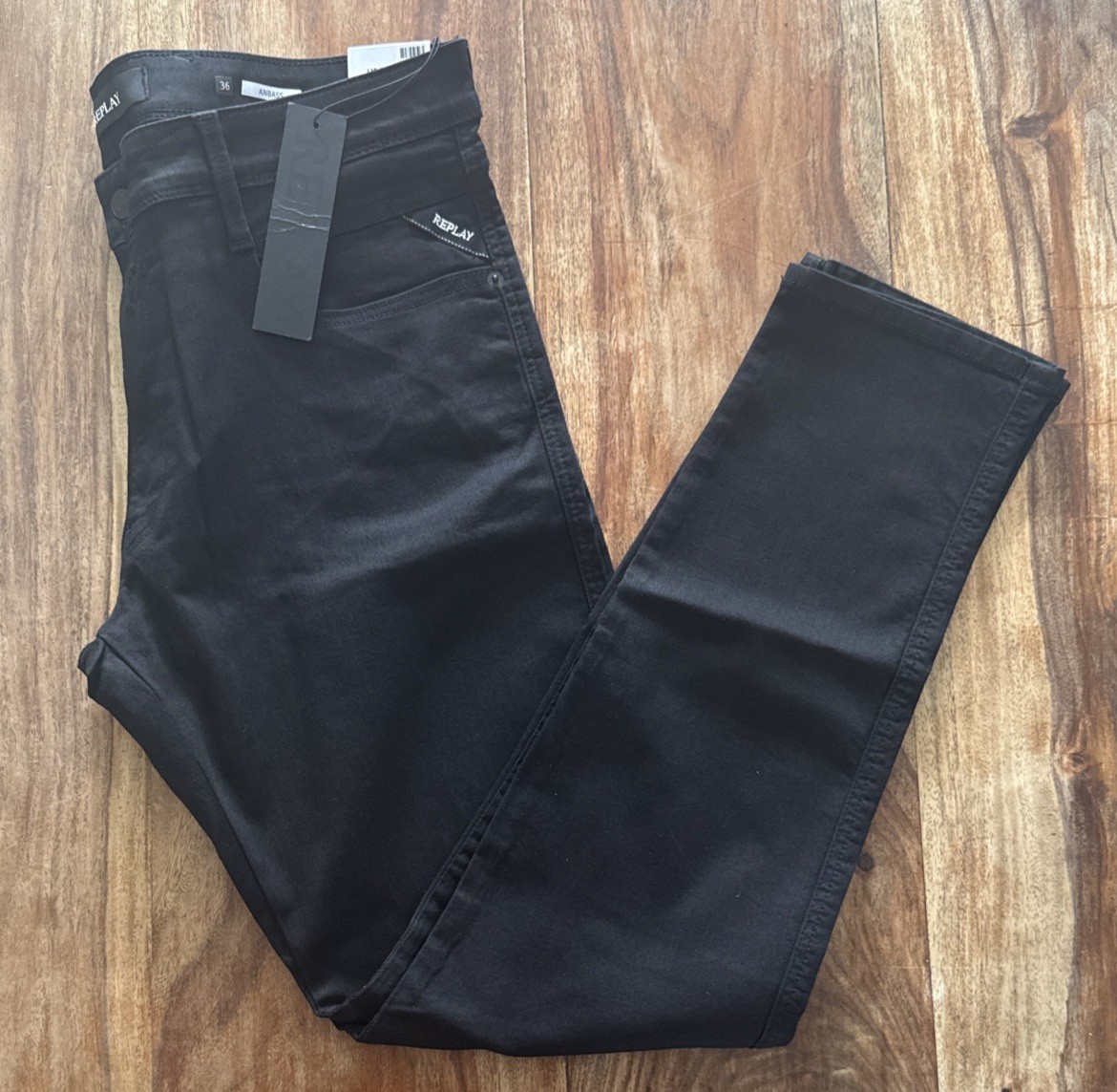 Replay Men’s M914Y ANBASS Stretch Slim Tapered Black Modal Jeans W36 L32