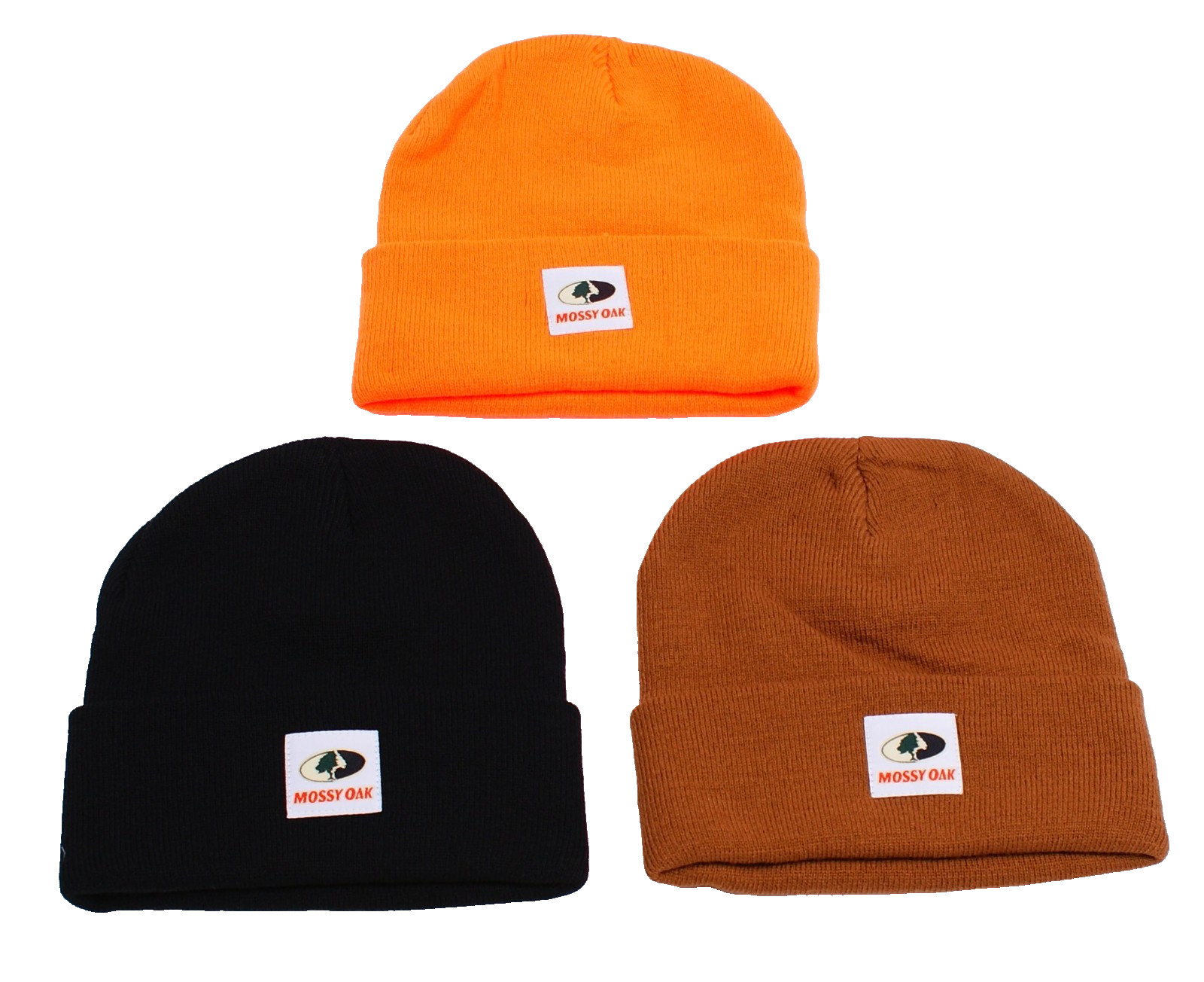 Mossy Oak Men’s One Size Orange Black Brown Cuff Beanie Hats 3 in Package