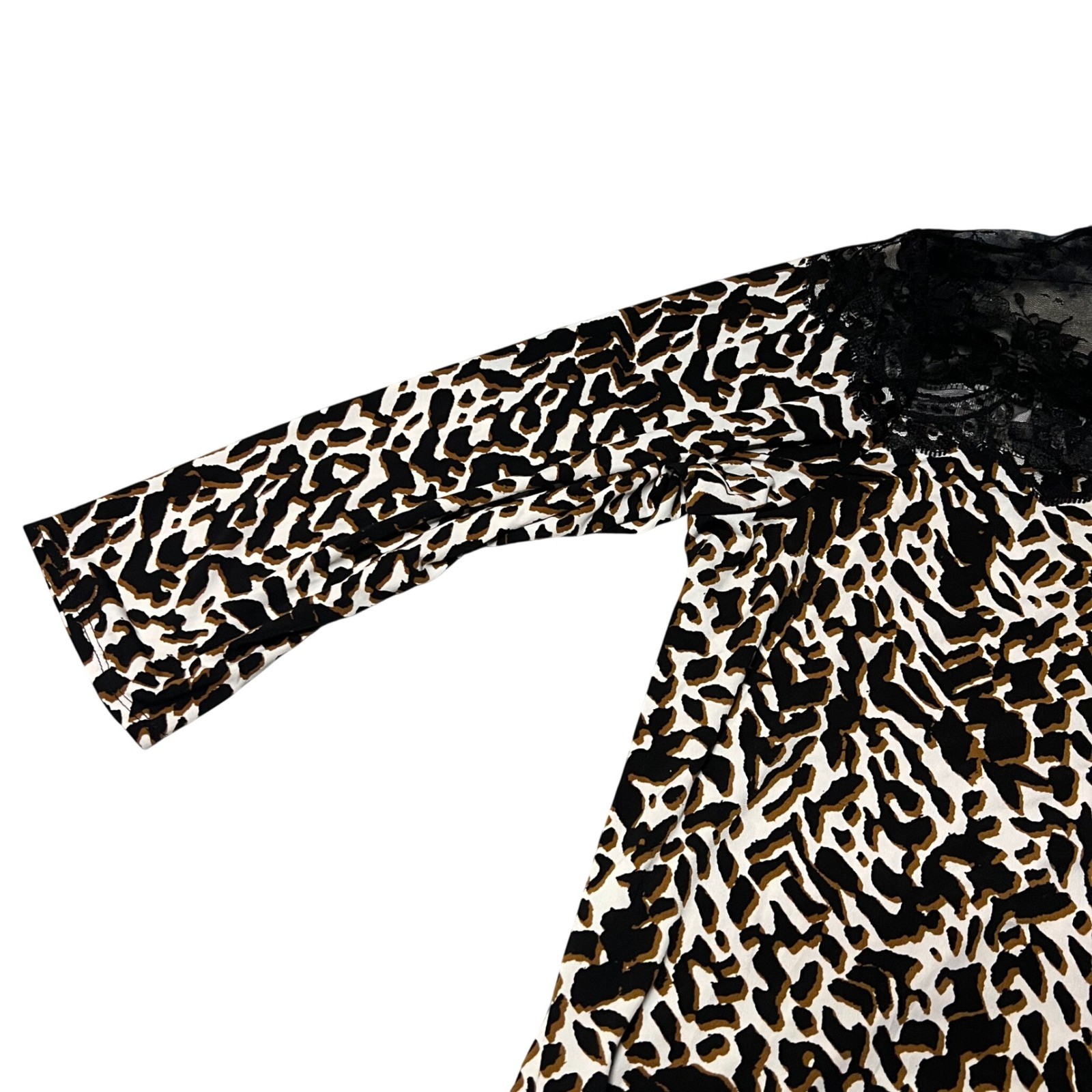 Cato Leopard Print Lace Yoke Side Tie Blouse Womens 18/20W Black Brown Knit Top