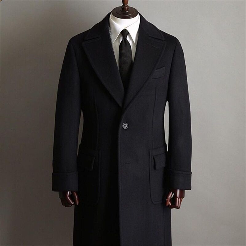 Men’s Black Wool Blend Winter Overcoat Heavy Men‘s Windproof Lapel Long Jacket