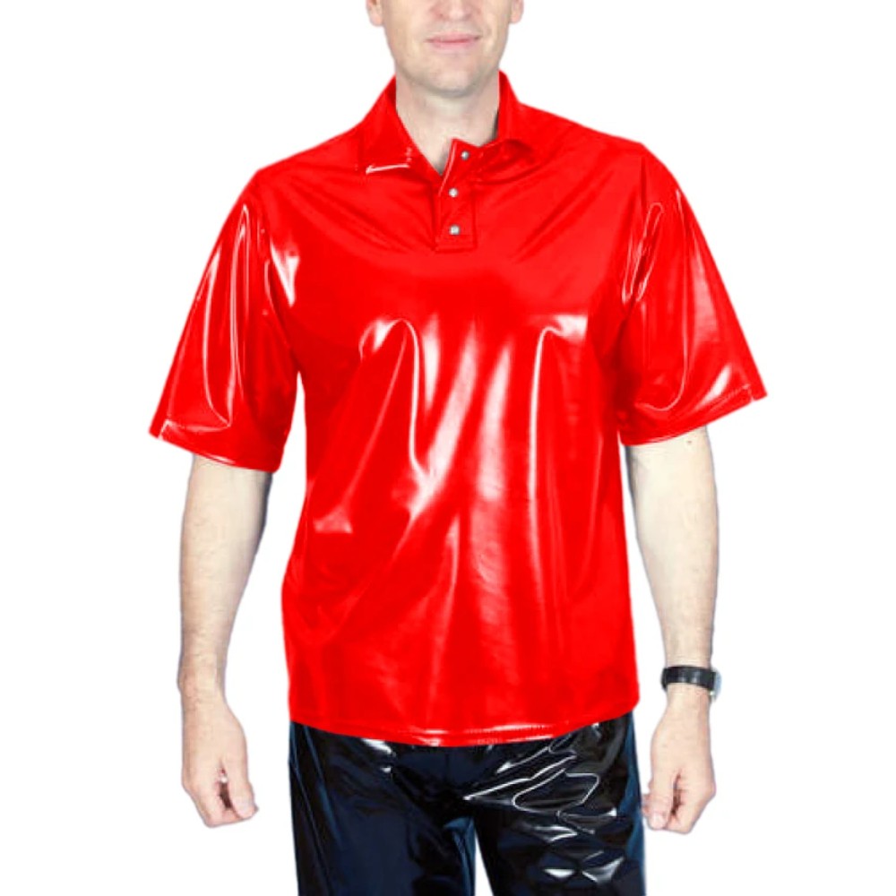 Men’s PVC Wet Look T-Shirt Turn Down Neck Button Everyday Wear Casual Loose Top