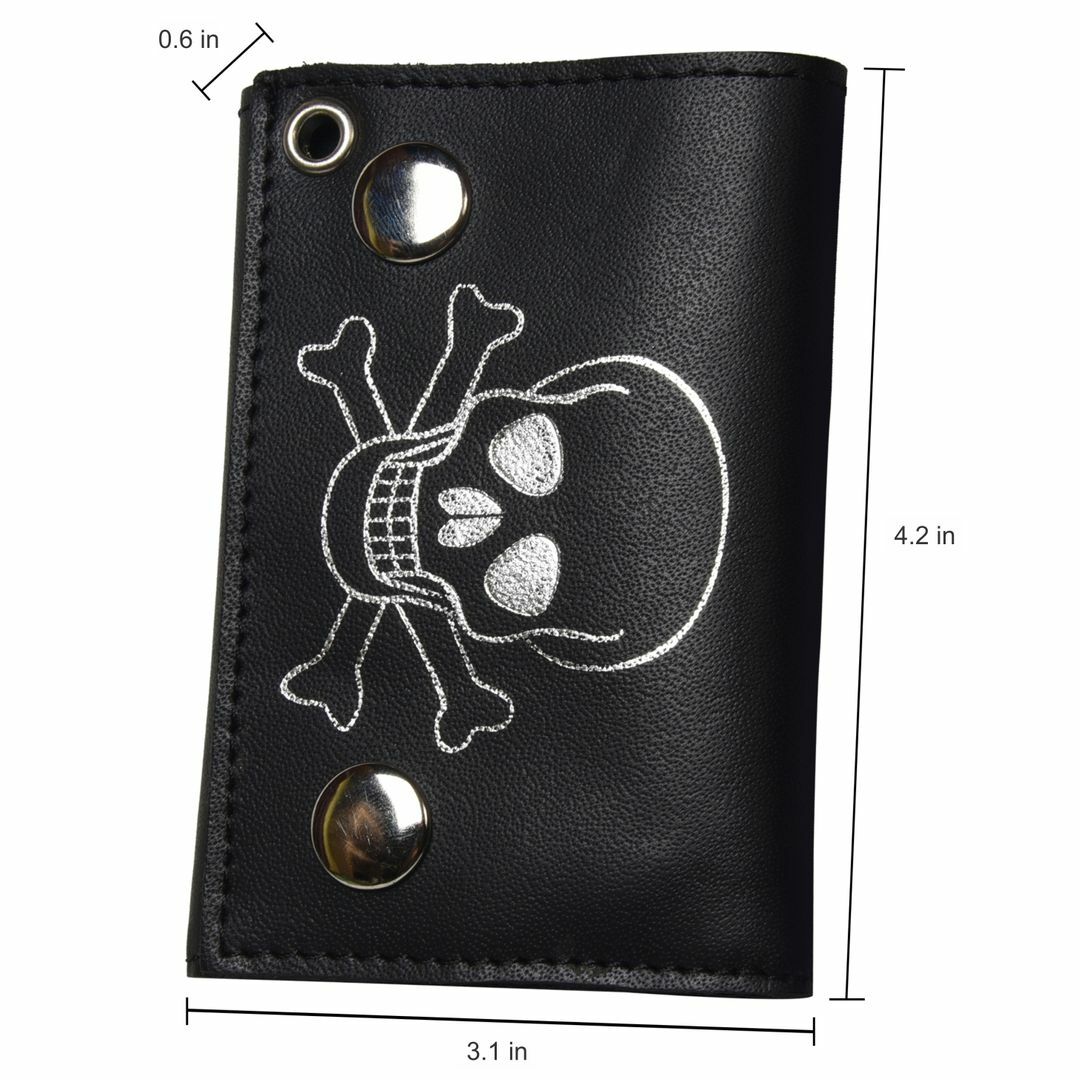 Leatherboss Genuine Leather Men Skull and Bones Trifold Wallet Chain Biker,Black