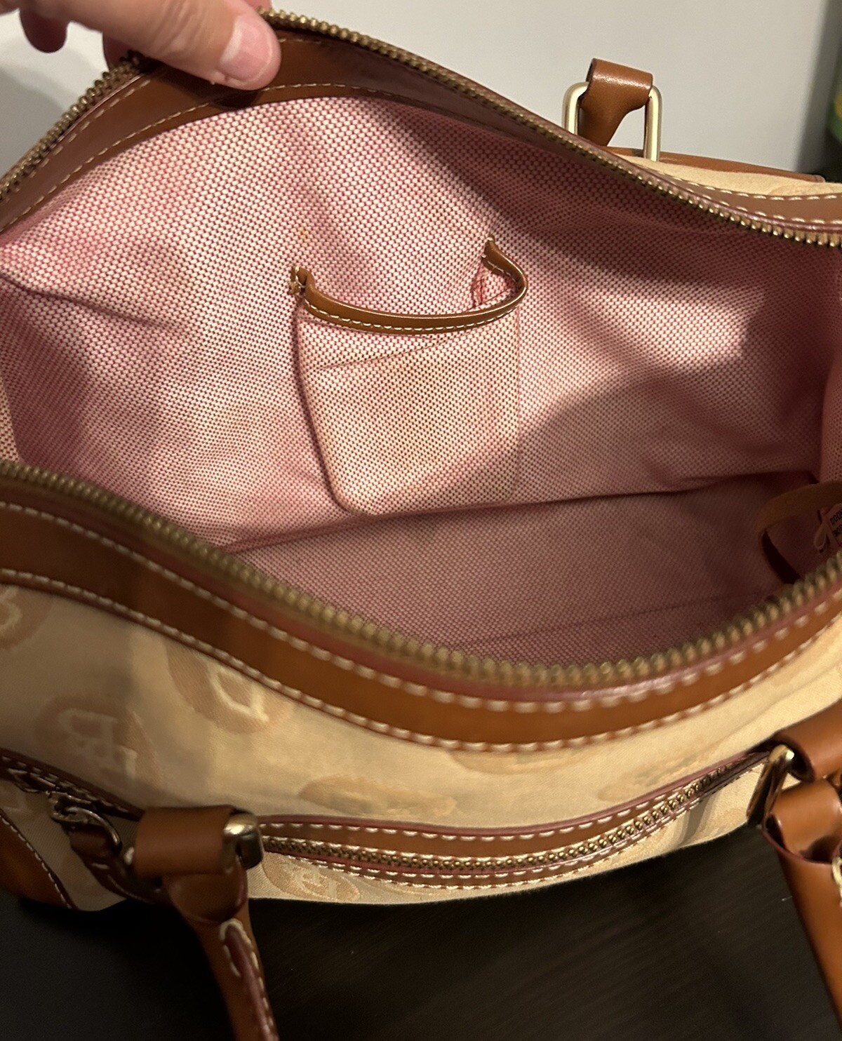 Dooney Bourke Satchel Purse Tan Canvas Leather 2 Front Lock Double Pocket