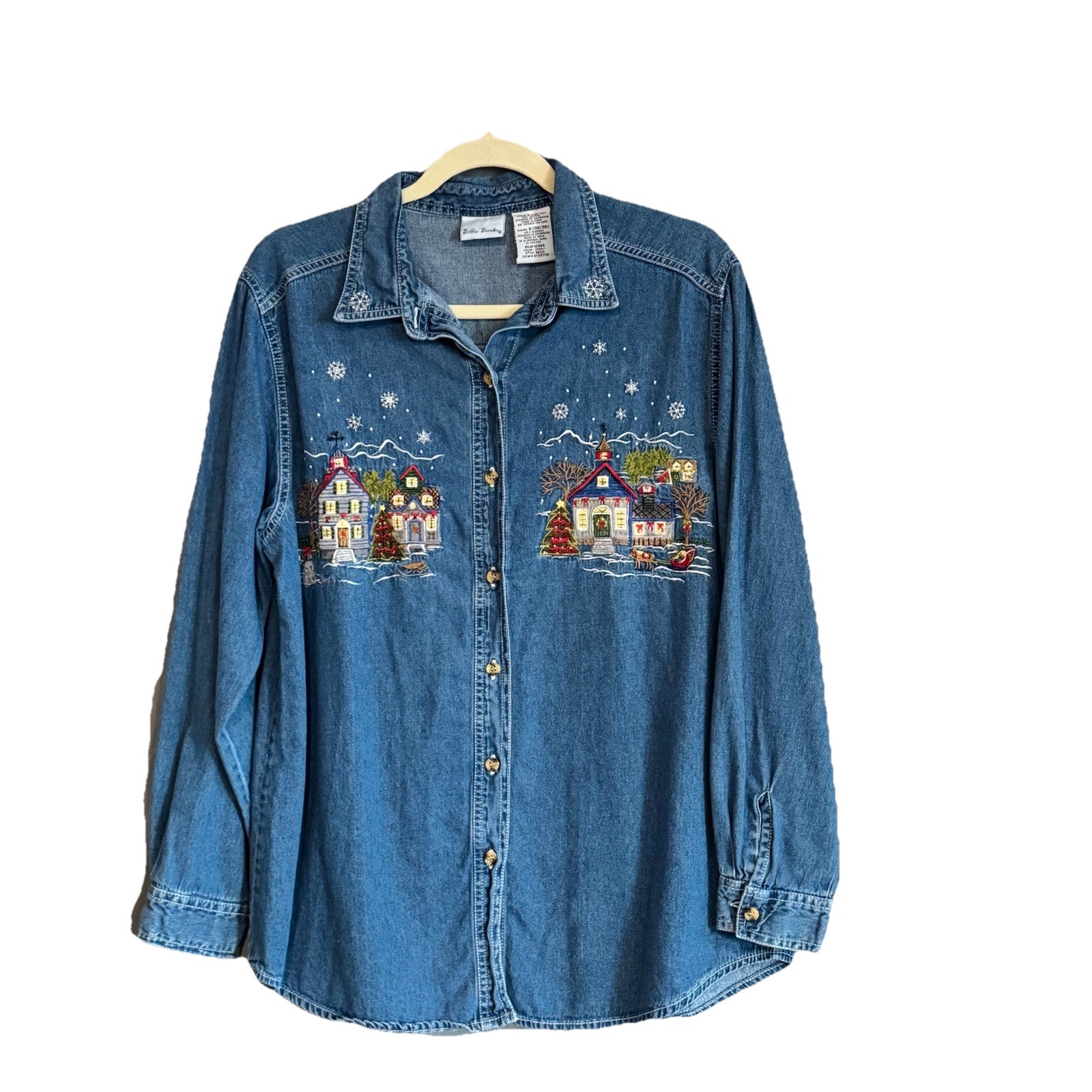 Vintage Bobbie Brooks Christmas Denim Button-Up Shirt Women’s Large Embroidered
