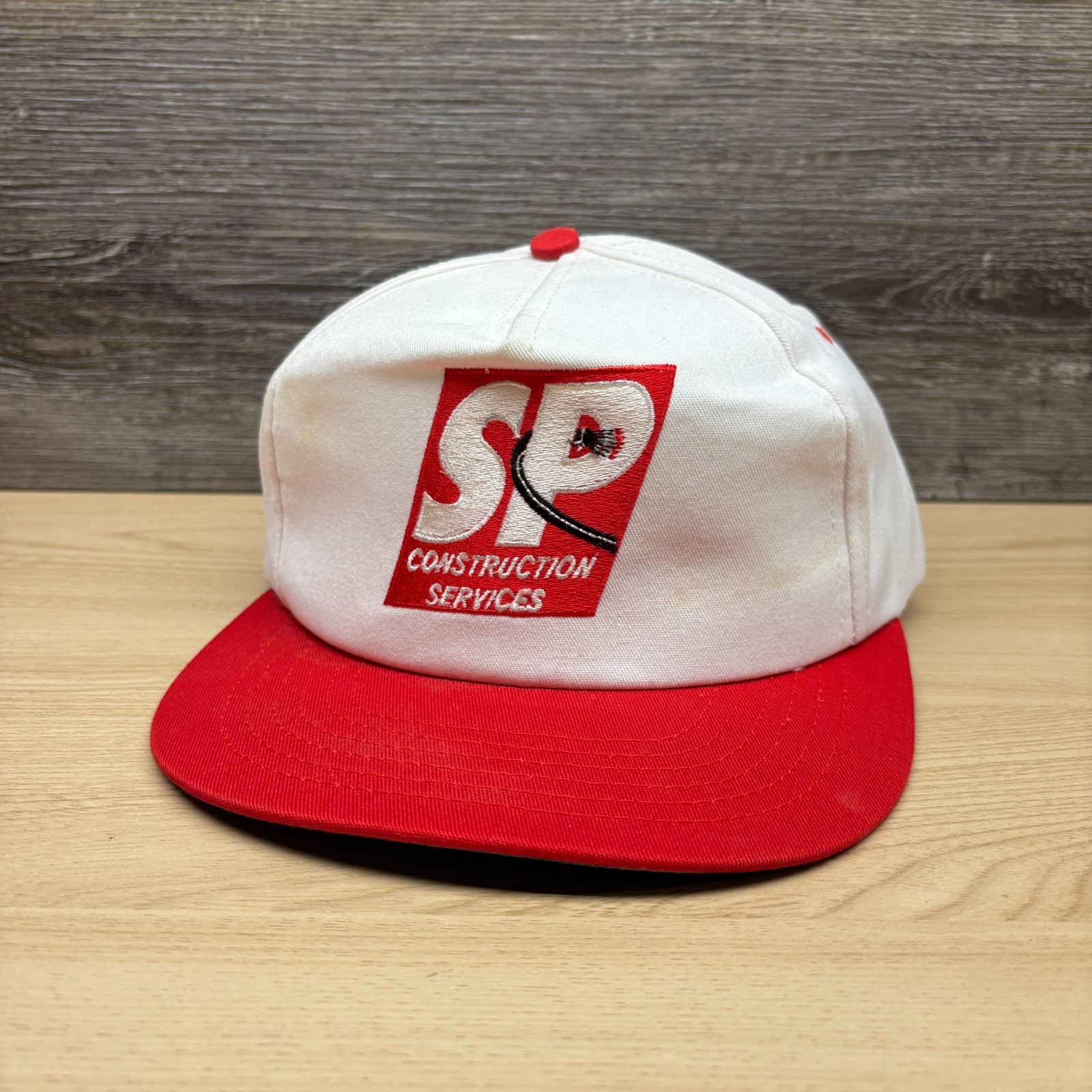 Vintage SP Construction Services Hat Cap Snap Back White Red Logo Promo VTG 90s