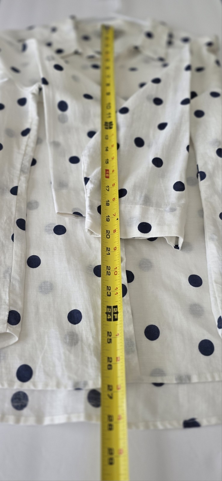 Hester & Orchard Linen Blend XL Blouse White Navy Polka Dots Long Sleeves Summer