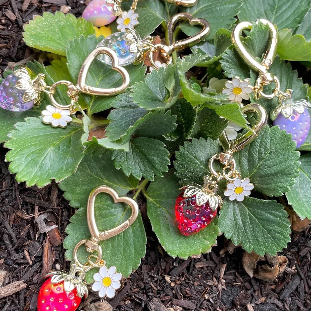 Strawberry White Pink Red Bag Charm Keychain for Purse Handbag Women Gift