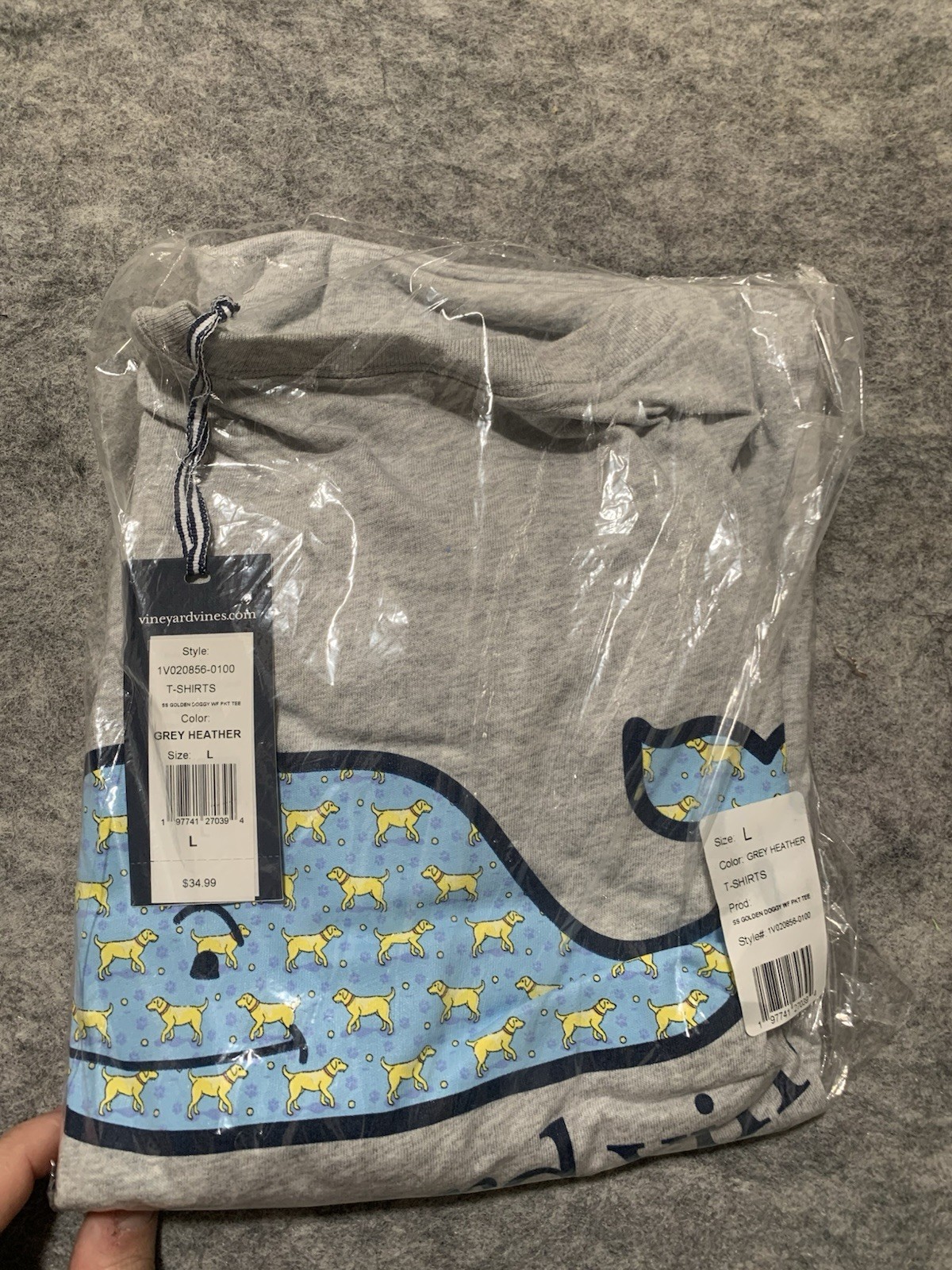Vineyard Vines Men’s Golden Retriever Dog Whale Gray T-Shirt Size Large NEW NIP