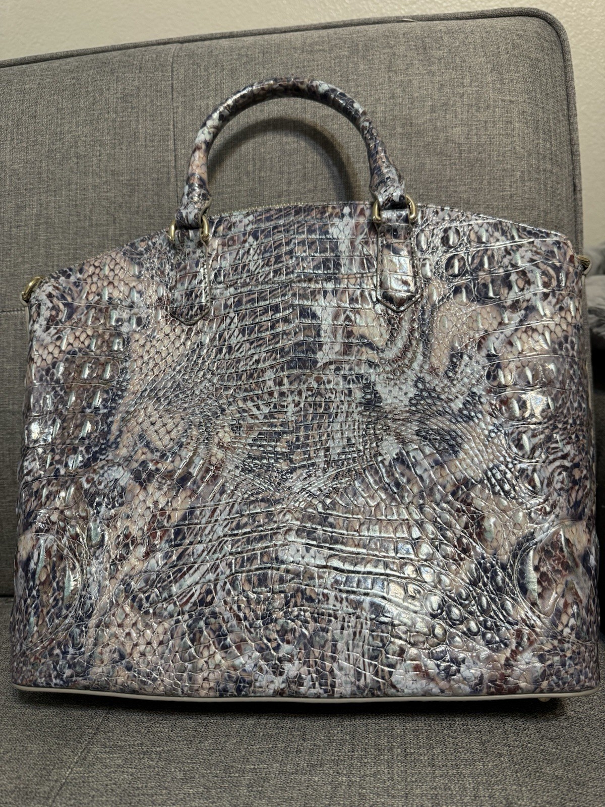 Brahmin Duxbury Satchel Embossed Leather Large Handbag Purse Blue Brown