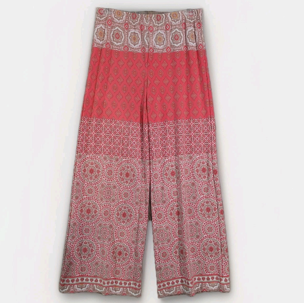 Chico’s Cala d’Or Pull On Palazzo Pants Size 1/M Pink Boho Geometric Wide Leg