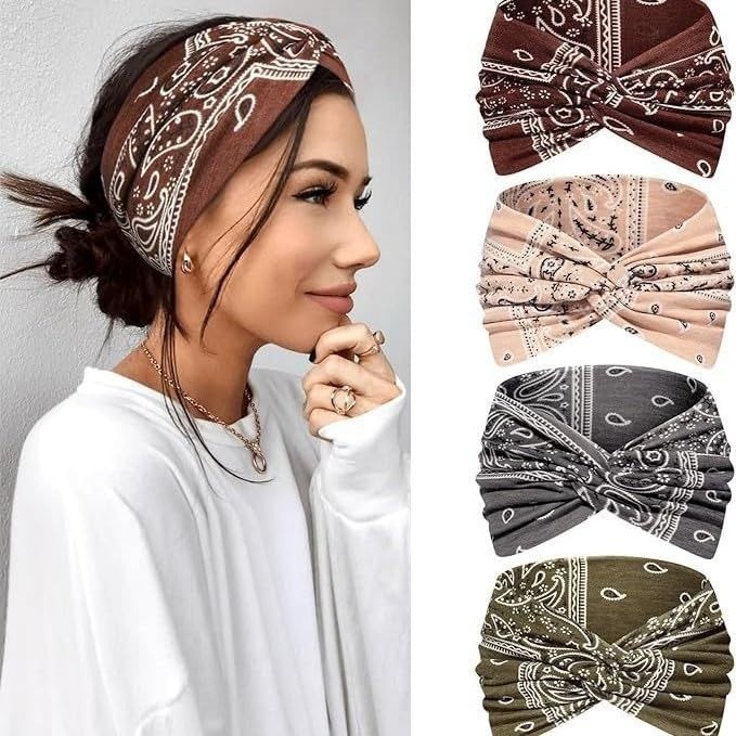 4PCS Boho Wide Headbands for Women Vintage Paisley Elastic Hair Bands