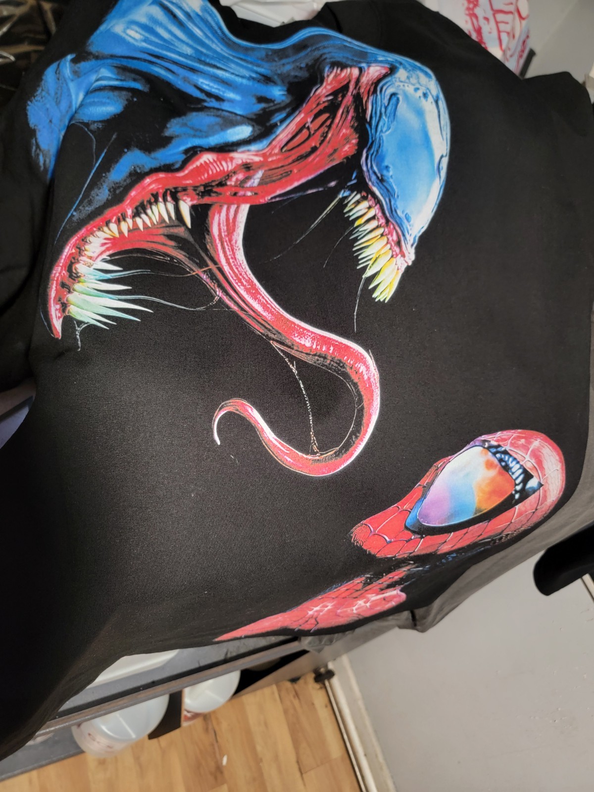 VENOM VS SPIDERMAN ON A SHAKA HEAVYWEIGHT GARMET DYED T SHIRT “MODERN”