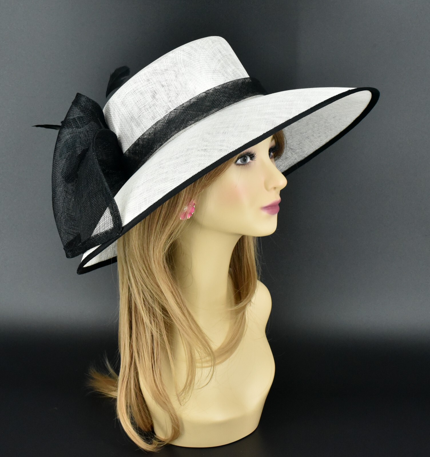 M95( White/Black)Kentucky Derby Church Wedding Royal Ascot Wide Brim Sinamay hat