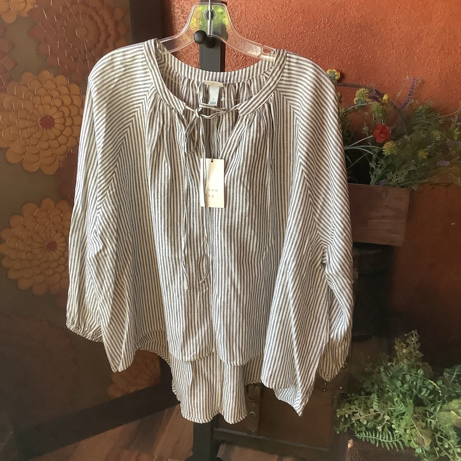 New A New Day Large Striped Hi Low Tie V Front Linen Blend Top