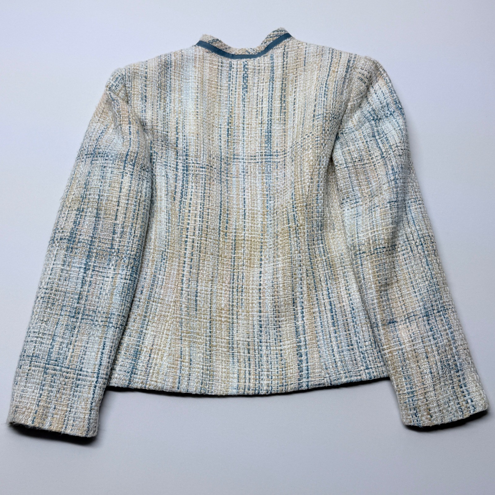 Jessica Howard Petite Blue Cream Tweed Skirt Suit Set Size 6P Bow Trim Vintage