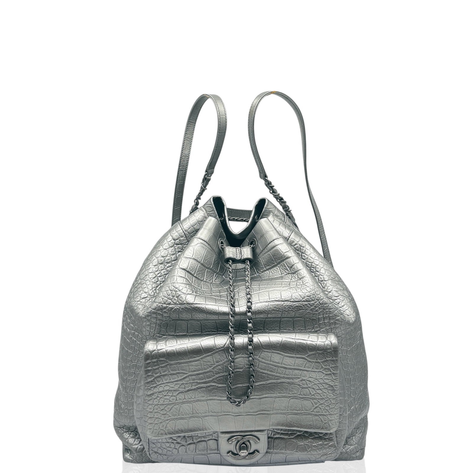 Chanel Backpack Silver Calfskin Crocodile Embossed (hs021026a4)