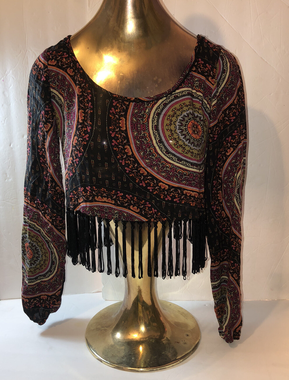 Gypsy Warrior Mandala Print Black Fringe Cropped Top Small Hippy Boho Festival