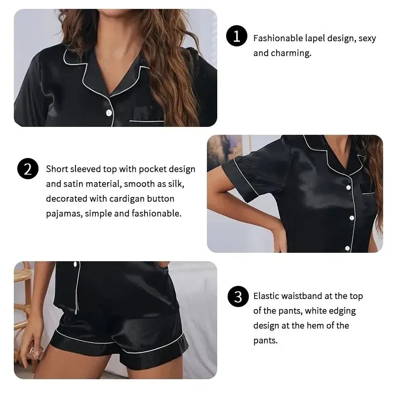 Womens Silk Satin Pajama Set 2 Piece Button Down Top Shorts Sleepwear Loungewear