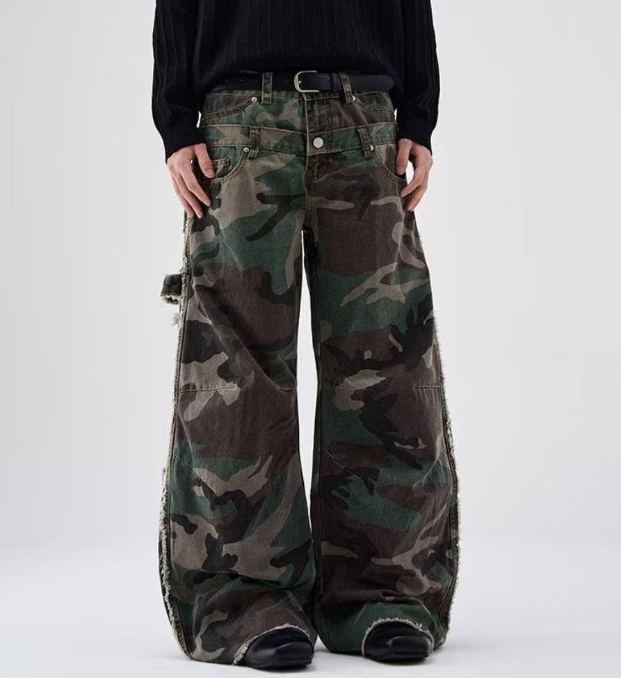 Men’s Straight Leg Army Green Camouflage Pockets Casual Punk Hip Hop Trousers