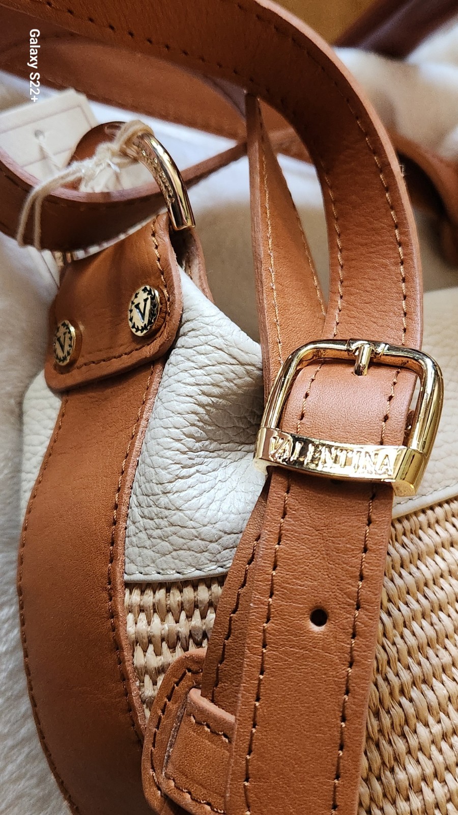 Valentina Italian Raffia & Leather Bucket Bag Latte & Cognac Trim NWT