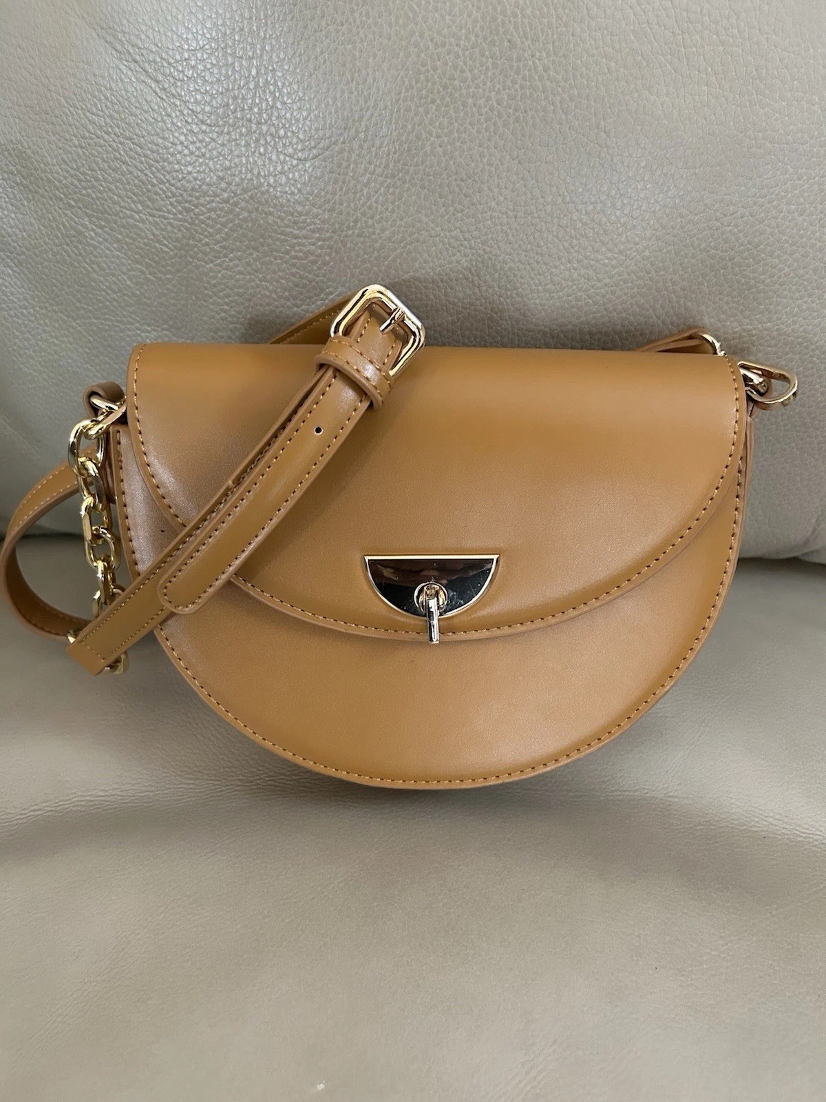 Melie Bianco Brown Half Moon Crossbody Bag, Adjustable Strap, Chain, Zip