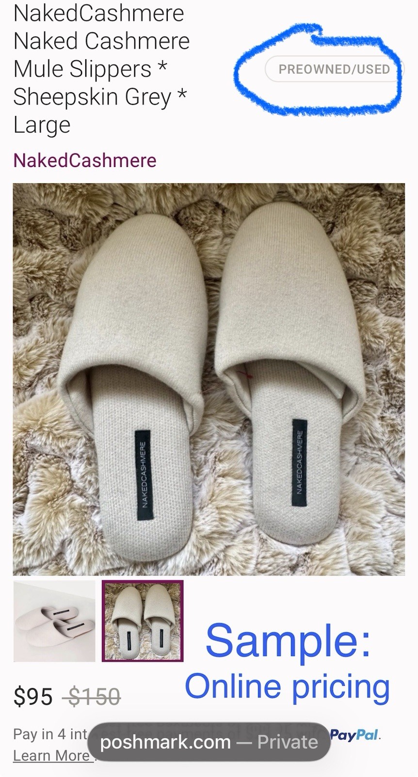 New! Naked Cashmere Love Slippers 100% Cashmere w/Fox Fur Sz L/XL 9-10 🥰