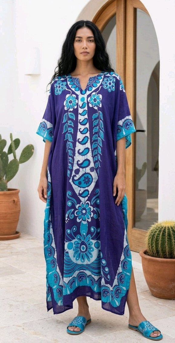 Batik Kaftan Dress Coverup Muumuu Handmade 100% Cotton Tropical Beachy Tribal L