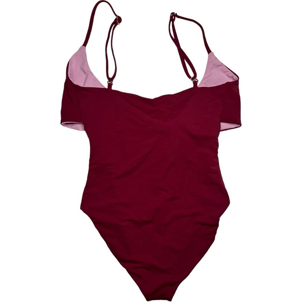 NWT FLEURSWIM Wine Red / Light Pink One Piece Square Neck Tie-Back Size: Small