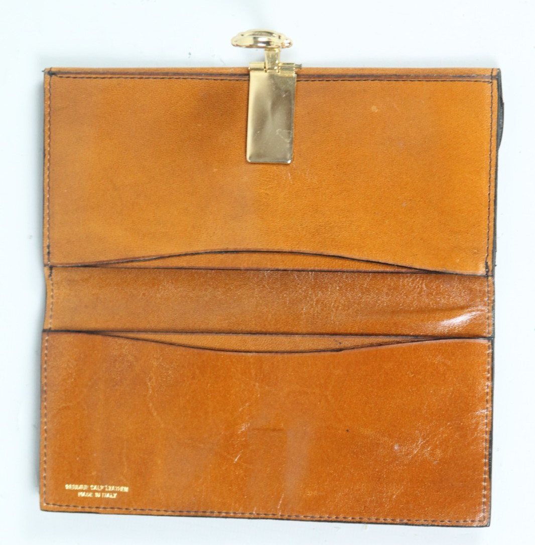 Vtg ITALY Beige Calf Leather Bifold Wallet Checkbook Organizer w/ Gold Horsebit