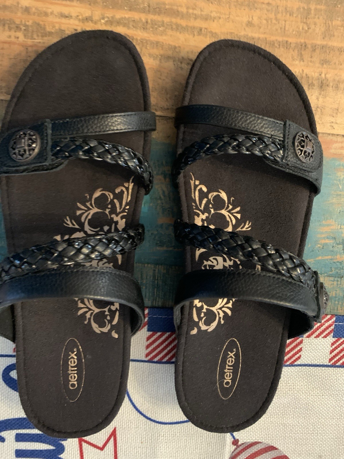 Aetrex Janey Braided Sandals Slide Womens 9.5 BlackLeather Adjustable Strap New