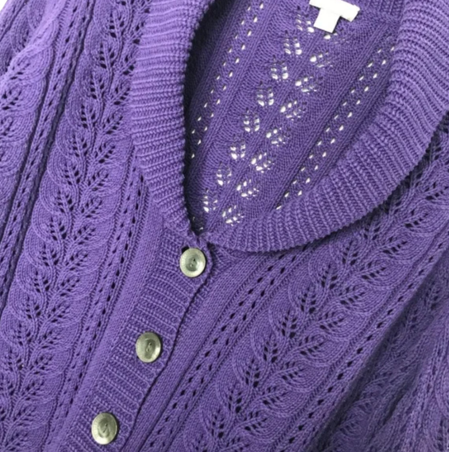 J JILL Cable/Pointelle Knit PURPLE SWEATER CARDIGAN Cotton Blend V-Neck Chunky M