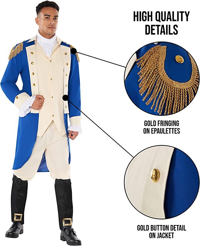Men`s George Washington Costume + Wig Adult Colonial President Outfit Halloween