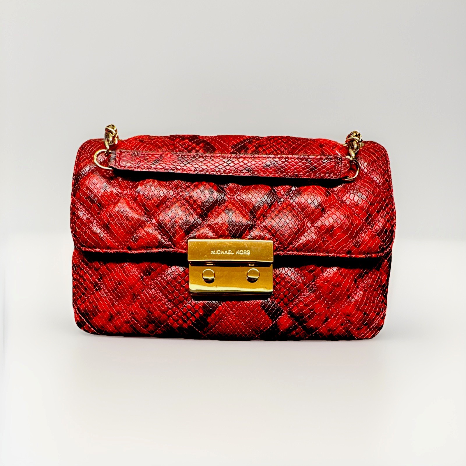 Michael Kors Red/Black Quilted Snake Print Small Flap Shoulder Bag, Chain, Dust