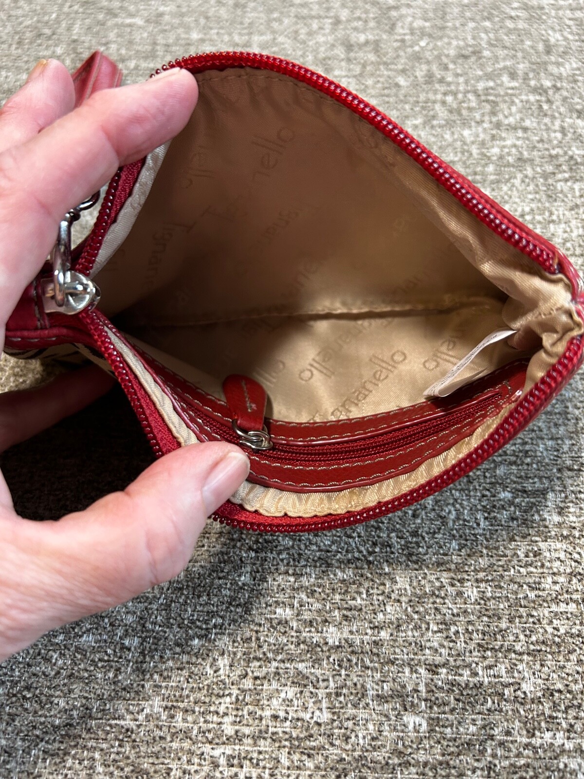 TIGNANELLO Vintage Wristlet Red Brown Tan Canvas Signature T Logo Classic Style