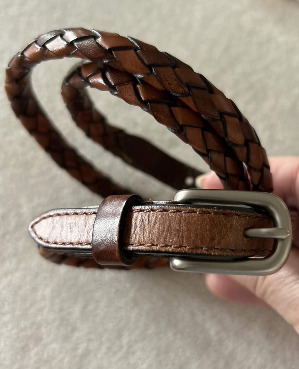 Braided Brown Leather Thin Women’s Boho Belt Small Medium Waist 26-30” EUC