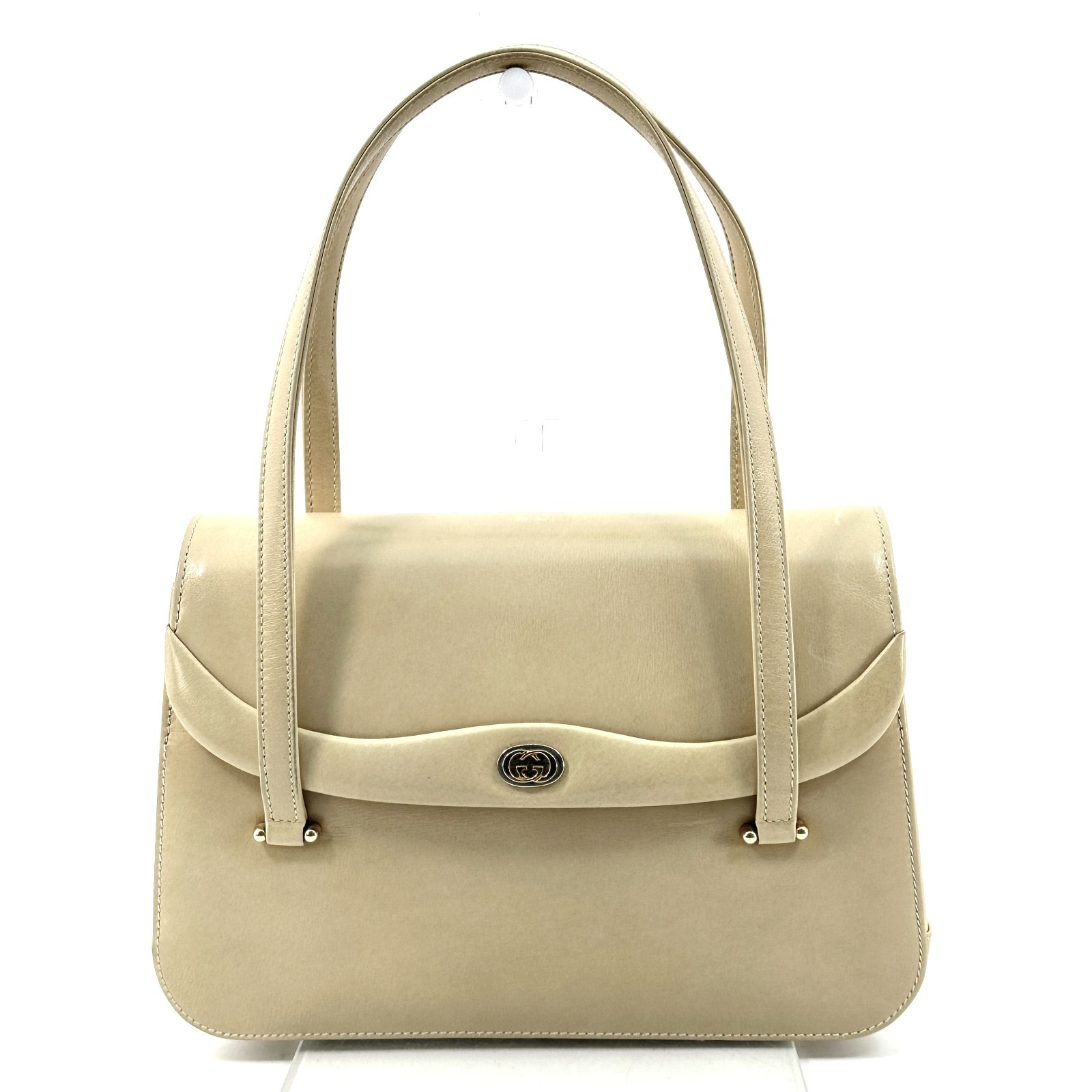 Vintage Gucci Interlocking Hand Bag Leather Beige White Auth