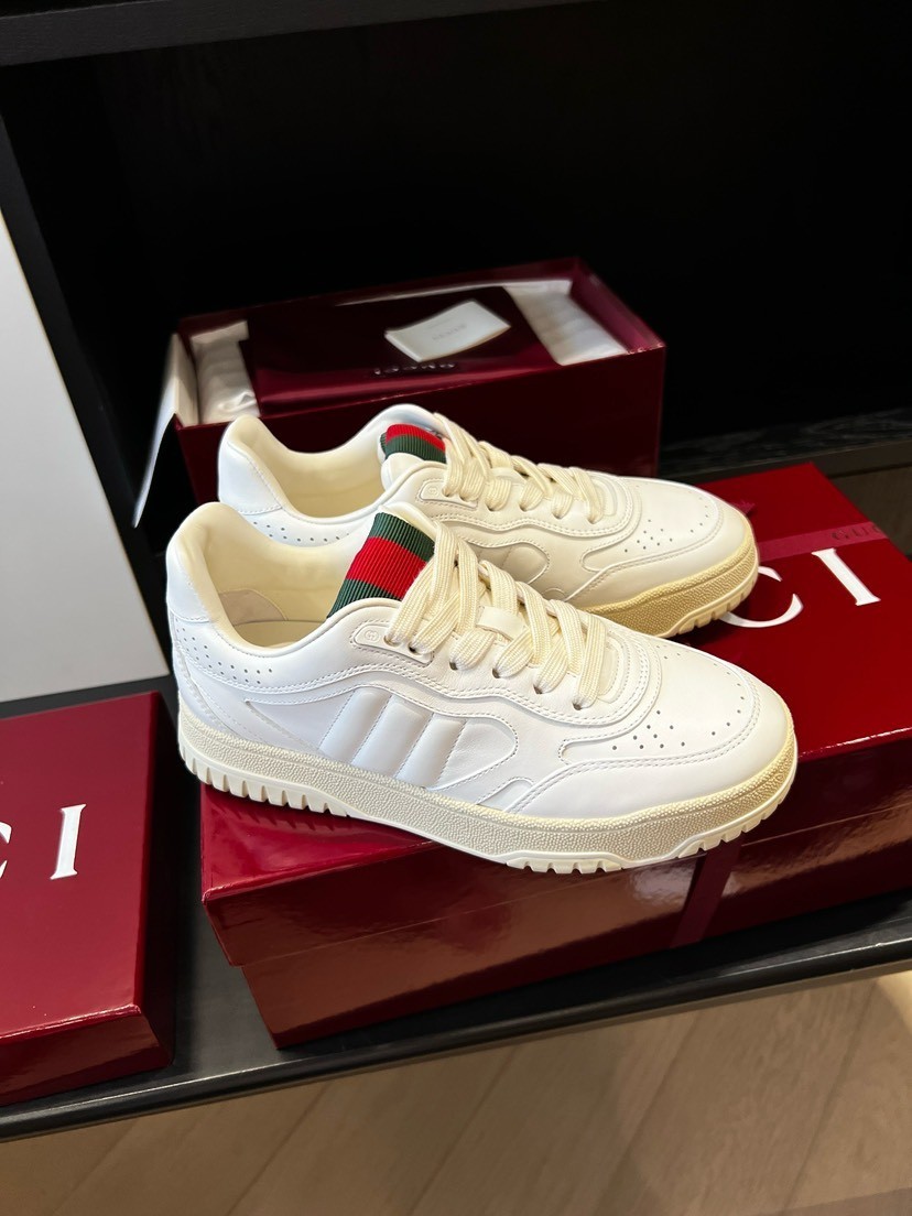 Gucci Men US11.5 White Leather Low Top Sneakers Web Stripe Vintage Thick Sole