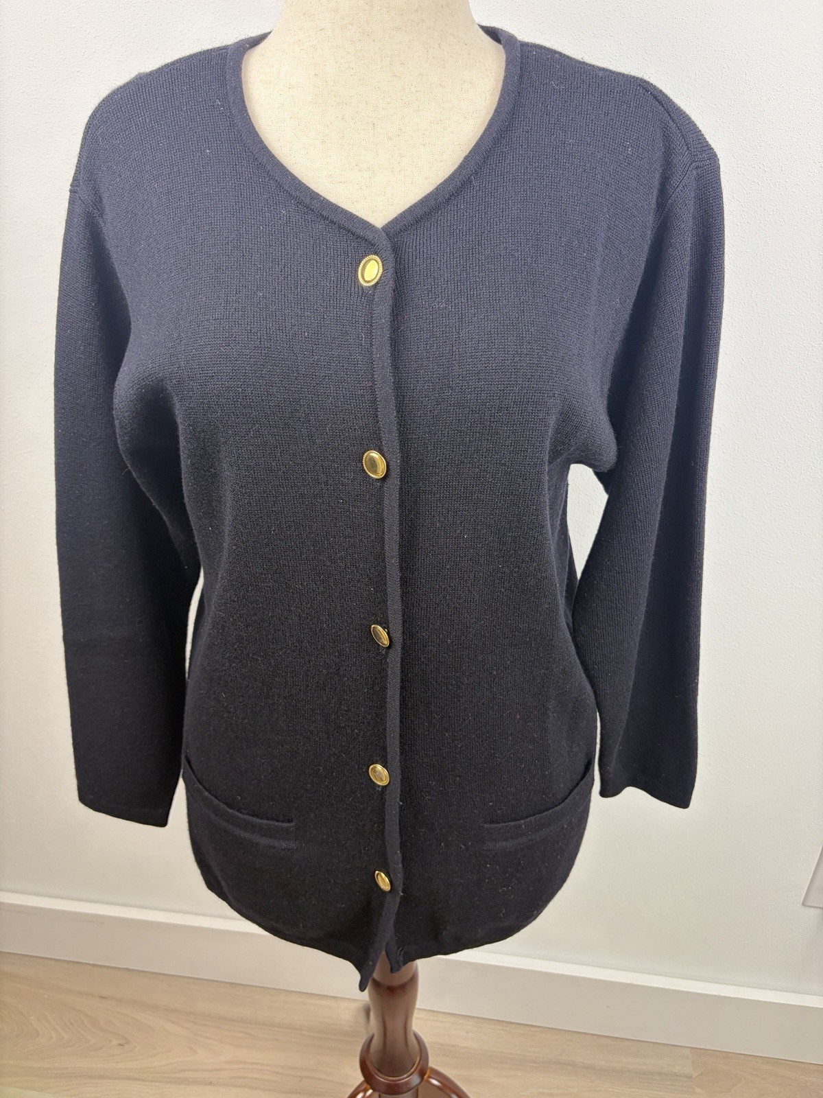 Talbots Petites L Black 100% Merino Wool Cardigan Sweater Gold Buttons