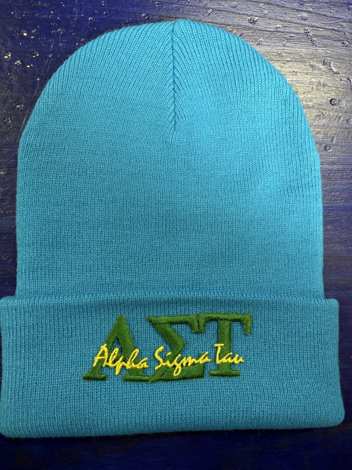 Alpha Sigma Tau Neon Blue Embroidered Knit Beanie Cap Hat NOS, V2