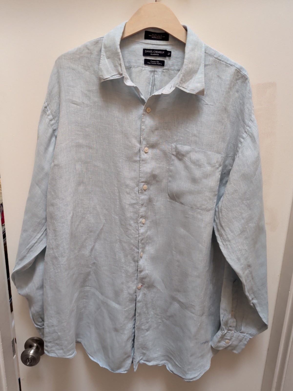 Daniel Cremieux Shirt Men’s X Large Blue 100% Linen Italian Classic Fit Pocket