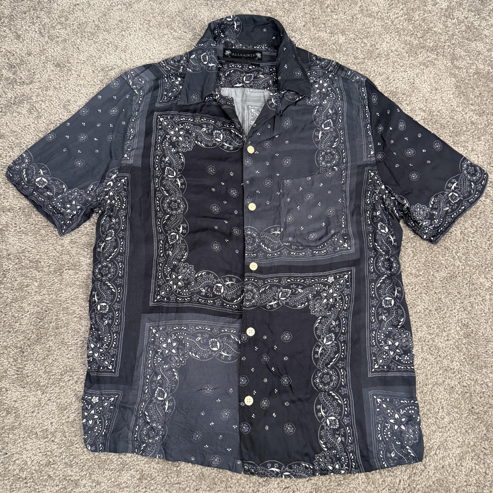AllSaints Shirt Mens M Black Paisley Button Up Short Sleeve Relaxed Fit