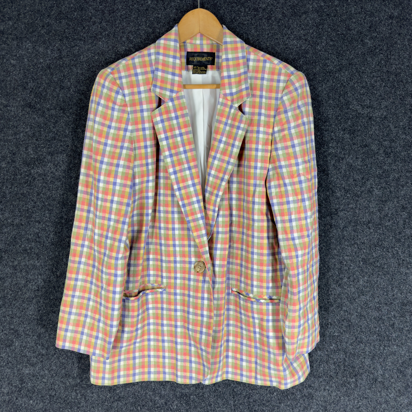 Requirements Blazer Women 12 Orange Plaid One Button Long Sleeve Pockets Linen