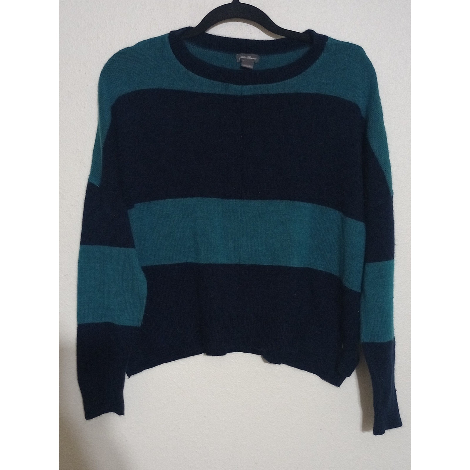 Eddie Bauer Womens Striped Crewneck Sweater Navy Teal Blue Green Knit Size M
