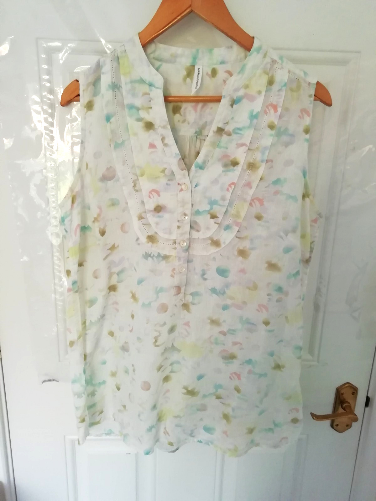 M&S Collection 14 Shirt Blouse Top Pastel Pink Blue Yellow 100% Linen Flax