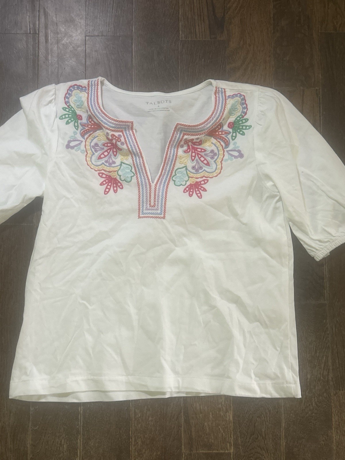 Talbots Short Sleeve Embroidered V-Neck 100% Cotton White Blouse Women’s Size S