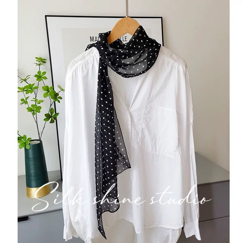 Chic Black & White Polka Dot 100% Silk Scarf -Lightweight 63″x12″ Oblong Summer